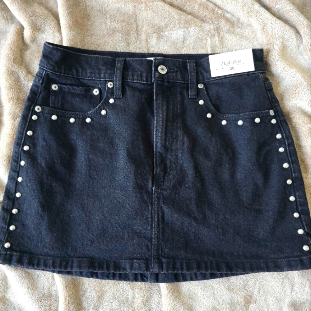 A&F High Rise Black Denim Skirt with Studded Accents
